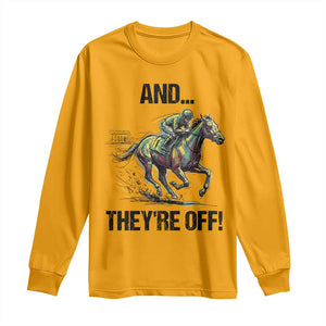 And They’re Off Colorful Horse Racing Sketch Long Sleeve Shirt Jockey and Thoroughbred Sprinting Race Day TS02 Gold Print Your Wear