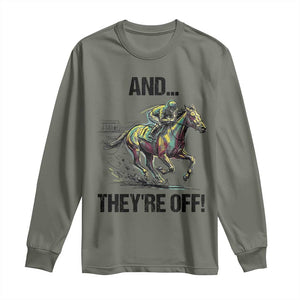 And They’re Off Colorful Horse Racing Sketch Long Sleeve Shirt Jockey and Thoroughbred Sprinting Race Day TS02 Military Green Print Your Wear