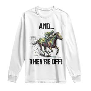 And They’re Off Colorful Horse Racing Sketch Long Sleeve Shirt Jockey and Thoroughbred Sprinting Race Day TS02 White Print Your Wear