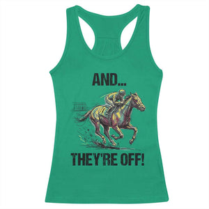 And They’re Off Colorful Horse Racing Sketch Racerback Tank Top Jockey and Thoroughbred Sprinting Race Day TS02 Irish Green Print Your Wear