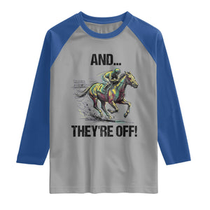 And They’re Off Colorful Horse Racing Sketch Raglan Shirt Jockey and Thoroughbred Sprinting Race Day TS02 Sport Gray Royal Print Your Wear