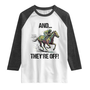 And They’re Off Colorful Horse Racing Sketch Raglan Shirt Jockey and Thoroughbred Sprinting Race Day TS02 White Heather Charcoal Print Your Wear