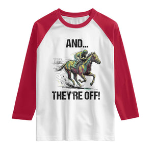 And They’re Off Colorful Horse Racing Sketch Raglan Shirt Jockey and Thoroughbred Sprinting Race Day TS02 White Red Print Your Wear