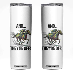 And They’re Off Colorful Horse Racing Sketch Skinny Tumbler Jockey and Thoroughbred Sprinting Race Day TS02 White Print Your Wear