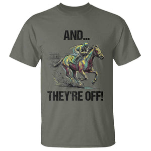 And They’re Off Colorful Horse Racing Sketch T Shirt Jockey and Thoroughbred Sprinting Race Day TS02 Military Green Print Your Wear