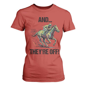 And They’re Off Colorful Horse Racing Sketch T Shirt For Women Jockey and Thoroughbred Sprinting Race Day TS02 Red Print Your Wear