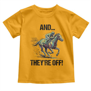 And They’re Off Colorful Horse Racing Sketch Toddler T Shirt Jockey and Thoroughbred Sprinting Race Day TS02 Gold Print Your Wear