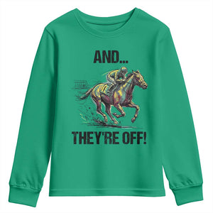 And They’re Off Colorful Horse Racing Sketch Youth Sweatshirt Jockey and Thoroughbred Sprinting Race Day TS02 Irish Green Print Your Wear
