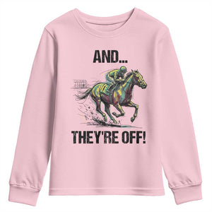 And They’re Off Colorful Horse Racing Sketch Youth Sweatshirt Jockey and Thoroughbred Sprinting Race Day TS02 Light Pink Print Your Wear