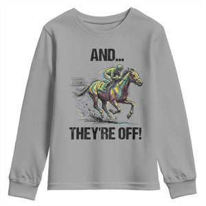 And They’re Off Colorful Horse Racing Sketch Youth Sweatshirt Jockey and Thoroughbred Sprinting Race Day TS02 Sport Gray Print Your Wear
