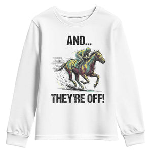 And They’re Off Colorful Horse Racing Sketch Youth Sweatshirt Jockey and Thoroughbred Sprinting Race Day TS02 White Print Your Wear