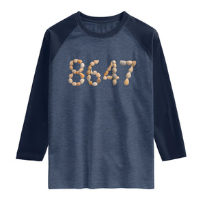 86 47 Seashell Beach Walk Graphic Raglan Shirt Subtle Coastal Summer Political Satire TS02 Heather Denim Navy Print Your Wear