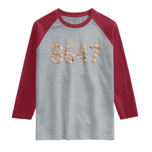 86 47 Seashell Beach Walk Graphic Raglan Shirt Subtle Coastal Summer Political Satire TS02 Heather Gray Heather Red Print Your Wear