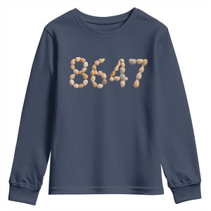 86 47 Seashell Beach Walk Graphic Youth Sweatshirt Subtle Coastal Summer Political Satire TS02 Navy Print Your Wear