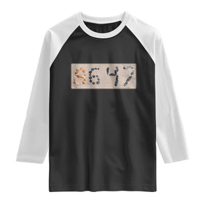 86 47 Seashell Beach Sand Graphic Raglan Shirt Subtle Coastal Summer Political Satire TS02 Black White Print Your Wear