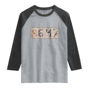 86 47 Seashell Beach Sand Graphic Raglan Shirt Subtle Coastal Summer Political Satire TS02 Heather Gray Heather Charcoal Print Your Wear