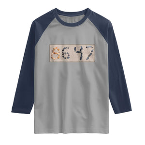 86 47 Seashell Beach Sand Graphic Raglan Shirt Subtle Coastal Summer Political Satire TS02 Sport Gray Navy Print Your Wear