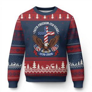 Faith Freedom 250 Years Patriotic Eagle Ugly Christmas Sweater USA Flag Christian Cross 1776 to 2026 Semiquincentennial TS02 Navy Red Print Your Wear