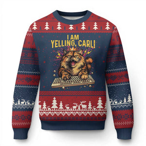I Am Yelling Carl Graphic Ugly Christmas Sweater Funny Angry Cat Typing Keyboard Comic Retro TS02 Navy Red Print Your Wear
