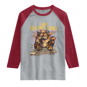 I Am Yelling Carl Graphic Raglan Shirt Funny Angry Cat Typing Keyboard Comic Retro TS02 Heather Gray Heather Red Print Your Wear