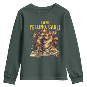 I Am Yelling Carl Graphic Youth Sweatshirt Funny Angry Cat Typing Keyboard Comic Retro TS02 Dark Forest Green Print Your Wear