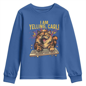 I Am Yelling Carl Graphic Youth Sweatshirt Funny Angry Cat Typing Keyboard Comic Retro TS02 Royal Blue Print Your Wear
