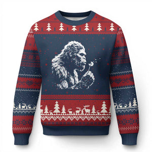 Bigfoot Blowing Dandelion Flower Graphic Ugly Christmas Sweater Whimsical Sasquatch Profile Artistic Vintage Distressed TS02 Navy Red Print Your Wear