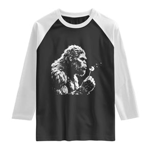 Bigfoot Blowing Dandelion Flower Graphic Raglan Shirt Whimsical Sasquatch Profile Artistic Vintage Distressed TS02 Black White Print Your Wear