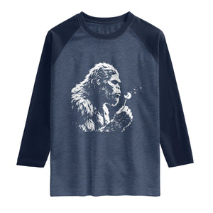 Bigfoot Blowing Dandelion Flower Graphic Raglan Shirt Whimsical Sasquatch Profile Artistic Vintage Distressed TS02 Heather Denim Navy Print Your Wear