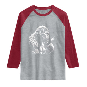 Bigfoot Blowing Dandelion Flower Graphic Raglan Shirt Whimsical Sasquatch Profile Artistic Vintage Distressed TS02 Heather Gray Heather Red Print Your Wear