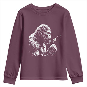 Bigfoot Blowing Dandelion Flower Graphic Youth Sweatshirt Whimsical Sasquatch Profile Artistic Vintage Distressed TS02 Maroon Print Your Wear