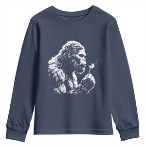 Bigfoot Blowing Dandelion Flower Graphic Youth Sweatshirt Whimsical Sasquatch Profile Artistic Vintage Distressed TS02 Navy Print Your Wear