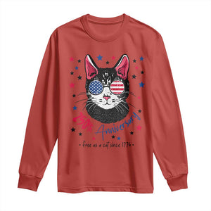 Free As A Cat Since 1776 Funny Patriotic Long Sleeve Shirt Cool American Flag Sunglasses Cat 250th Anniversary Semiquincentennial TS02 Red Print Your Wear