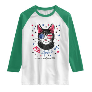 Free As A Cat Since 1776 Funny Patriotic Raglan Shirt Cool American Flag Sunglasses Cat 250th Anniversary Semiquincentennial TS02 White Kelly Green Print Your Wear