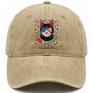 Free As A Cat Since 1776 Funny Patriotic Washed Cotton Baseball Cap Cool American Flag Sunglasses Cat 250th Anniversary Semiquincentennial TS02 Print Your Wear