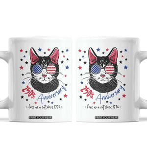 Free As A Cat Since 1776 Funny Patriotic Coffee Mug Cool American Flag Sunglasses Cat 250th Anniversary Semiquincentennial TS02 White Print Your Wear
