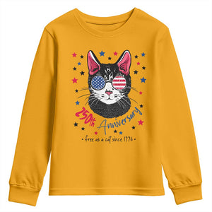 Free As A Cat Since 1776 Funny Patriotic Youth Sweatshirt Cool American Flag Sunglasses Cat 250th Anniversary Semiquincentennial TS02 Gold Print Your Wear