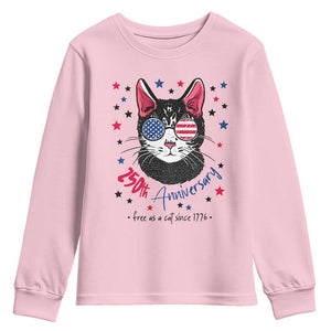 Free As A Cat Since 1776 Funny Patriotic Youth Sweatshirt Cool American Flag Sunglasses Cat 250th Anniversary Semiquincentennial TS02 Light Pink Print Your Wear