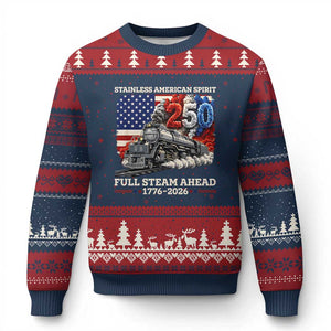 Stainless American Spirit Full Steam Ahead Ugly Christmas Sweater 250 Years Freedom Semiquincentennial Steam Locomotive TS02 Navy Red Print Your Wear