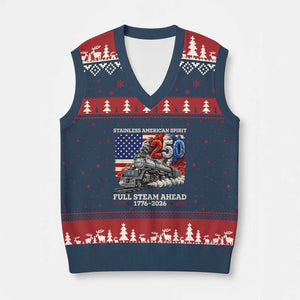 Stainless American Spirit Full Steam Ahead V-Neck Knit Sweater Vest 250 Years Freedom Semiquincentennial Steam Locomotive TS02 Navy Red Print Your Wear