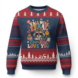 Y'all Were Feral But I Low Key Love You Retro Raccoon Ugly Christmas Sweater Funny Teacher End of School Year TS02 Navy Red Print Your Wear