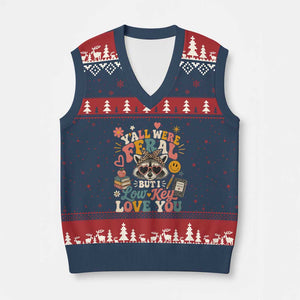 Y'all Were Feral But I Low Key Love You Retro Raccoon V-Neck Knit Sweater Vest Funny Teacher End of School Year TS02 Navy Red Print Your Wear