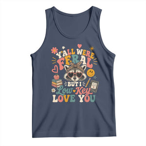 Y'all Were Feral But I Low Key Love You Retro Raccoon Tank Top Funny Teacher End of School Year TS02 Navy Print Your Wear