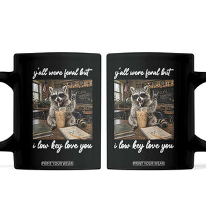 Funny Classroom Raccoon Iced Coffee Teacher Coffee Mug Y'all Were Feral But I Low Key Love You TS02 Black Print Your Wear