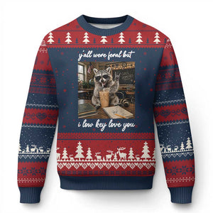 Funny Classroom Raccoon Iced Coffee Teacher Ugly Christmas Sweater Y'all Were Feral But I Low Key Love You TS02 Navy Red Print Your Wear