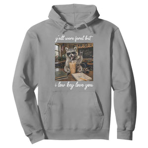 Funny Classroom Raccoon Iced Coffee Teacher Hoodie Y'all Were Feral But I Low Key Love You TS02 Sport Gray Print Your Wear