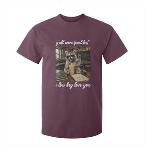 Funny Classroom Raccoon Iced Coffee Teacher T Shirt For Kid Y'all Were Feral But I Low Key Love You TS02 Maroon Print Your Wear