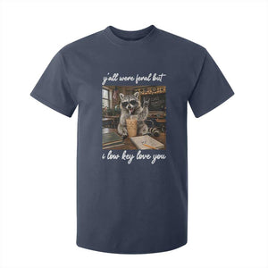 Funny Classroom Raccoon Iced Coffee Teacher T Shirt For Kid Y'all Were Feral But I Low Key Love You TS02 Navy Print Your Wear