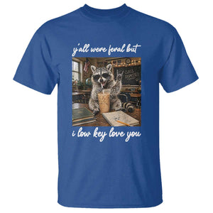 Funny Classroom Raccoon Iced Coffee Teacher T Shirt Y'all Were Feral But I Low Key Love You TS02 Royal Blue Print Your Wear