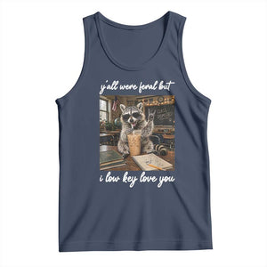 Funny Classroom Raccoon Iced Coffee Teacher Tank Top Y'all Were Feral But I Low Key Love You TS02 Navy Print Your Wear